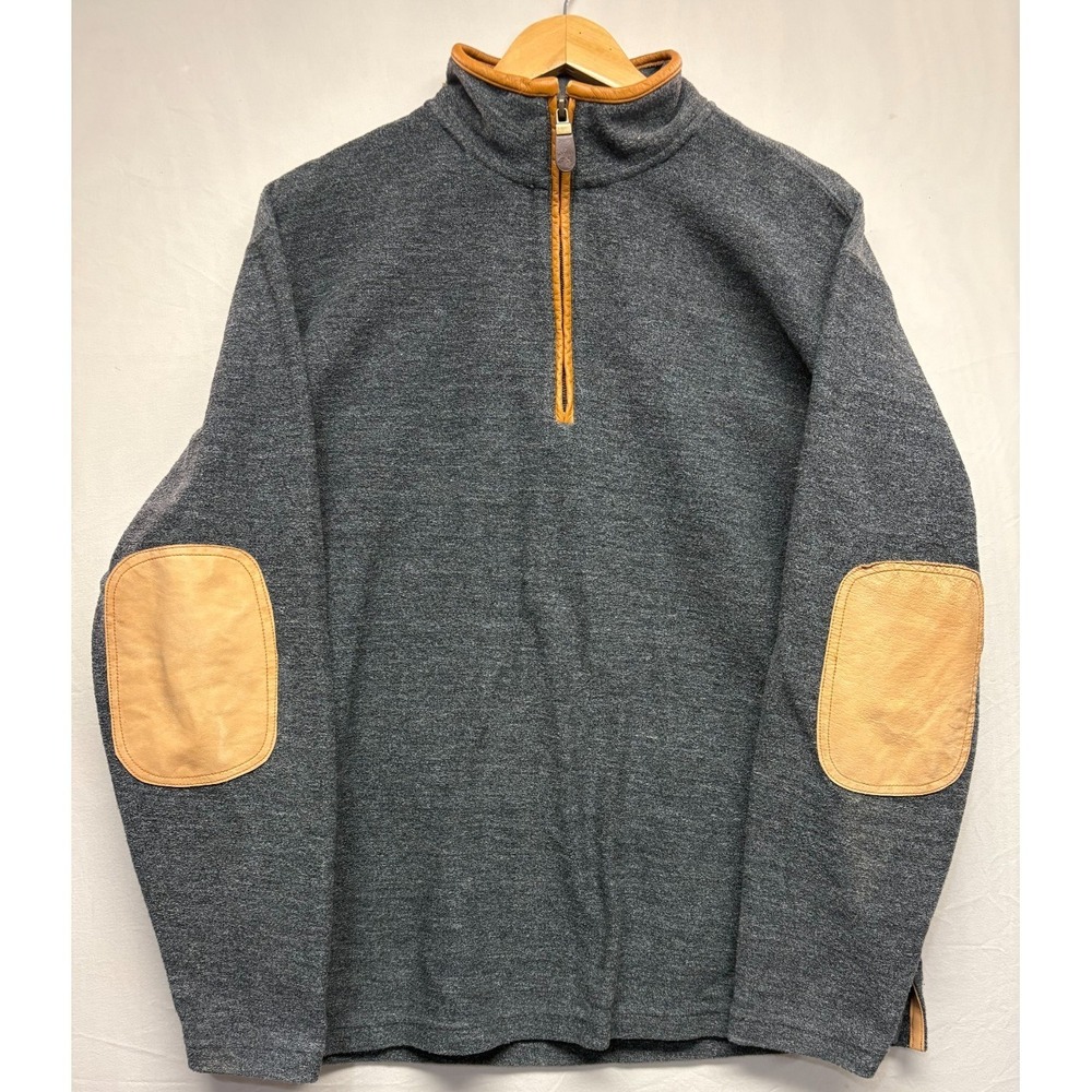 Orvis Pullover Sweater Mens Gray Leather Elbow Patches Quarter Zip Long Sleeve M